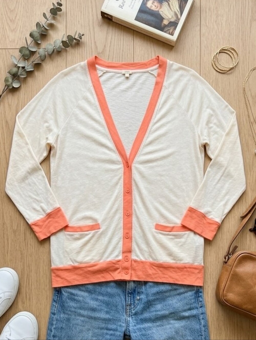 J. Crew Cream Cardigan with Coral Trim